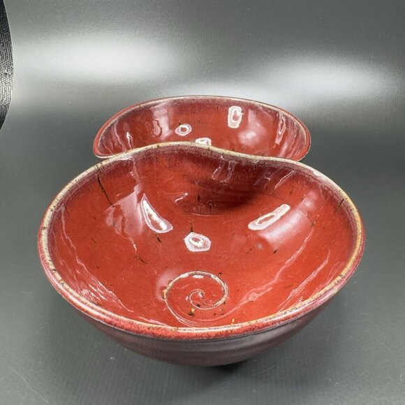 Vintage Hand Made Studio Art Pottery Divided Dish Double Salsa Bowl Chip N Dip - Picture 14 of 16